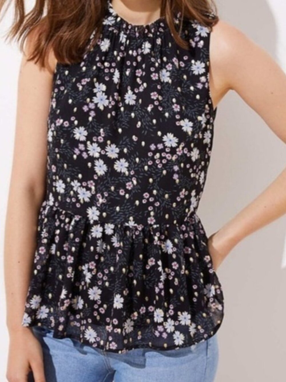 LOFT Sleeveless Floral Gold Detail Peplum Top XS